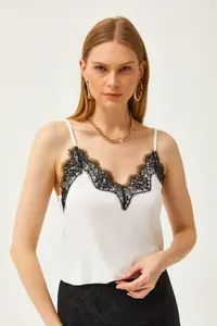 Olalook Women's White Black Strap Adjustable Lace Draped Knitted Athlete Blouse - Image 5