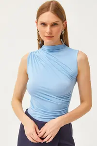Olalook Women's Baby Blue High Collar Crop Blouse