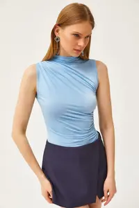 Olalook Women's Baby Blue High Collar Crop Blouse - Image 4