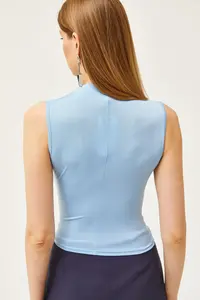 Olalook Women's Baby Blue High Collar Crop Blouse - Image 6