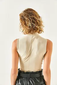 Olalook Women's Beige High Collar Crop Blouse - Image 5