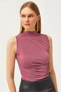 Olalook Women's Dusty Rose High Collar Gather Detailed Crop Blouse