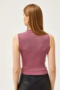 Olalook Women's Dusty Rose High Collar Gather Detailed Crop Blouse - Image 5