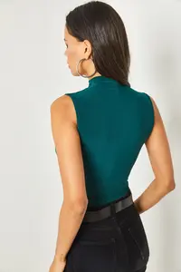 Olalook Women's Emerald Green High Collar Gather Detailed Crop Blouse - Image 5