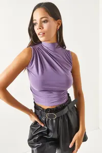 Olalook Women's Lilac High Collar Crop Blouse - Image 2