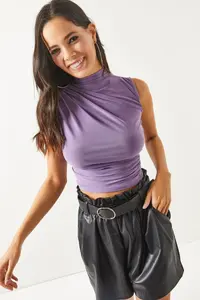 Olalook Women's Lilac High Collar Crop Blouse - Image 3