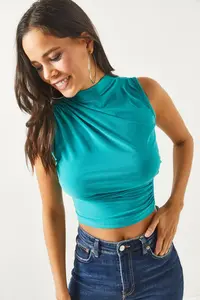 Olalook Women's Mint Green High Collar Crop Blouse - Image 3