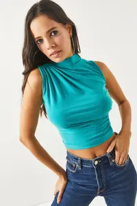 Olalook Women's Mint Green High Collar Crop Blouse - Image 4