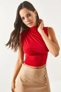 Olalook Women's Red High Collar Crop Blouse - Image 2