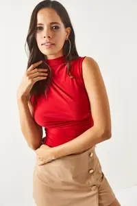 Olalook Women's Red High Collar Crop Blouse - Image 3