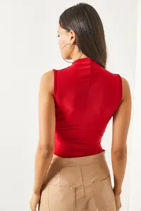 Olalook Women's Red High Collar Crop Blouse - Image 5