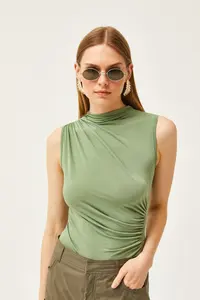 Olalook Women's Green High Collar Crop Blouse with Gather Detail - Image 3