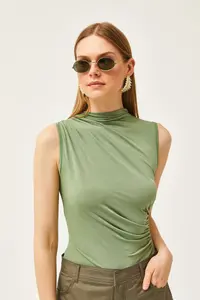 Olalook Women's Green High Collar Crop Blouse with Gather Detail - Image 4