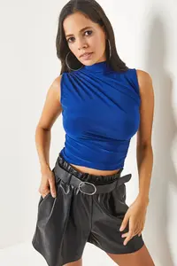 Olalook Women's Saks Blue High Collar Gather Detailed Crop Blouse - Image 2