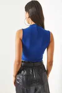 Olalook Women's Saks Blue High Collar Gather Detailed Crop Blouse - Image 4