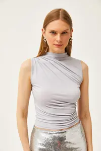 Olalook Women's Silver Gray Stand-Up Collar Gather Detailed Crop Blouse - Image 2