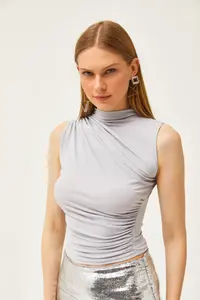 Olalook Women's Silver Gray Stand-Up Collar Gather Detailed Crop Blouse - Image 3