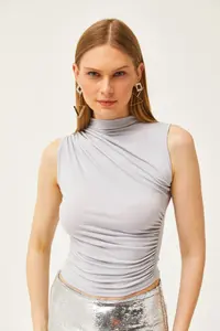 Olalook Women's Silver Gray Stand-Up Collar Gather Detailed Crop Blouse - Image 4