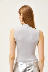 Olalook Women's Silver Gray Stand-Up Collar Gather Detailed Crop Blouse - Image 5