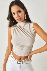 Olalook Women's Stone High Collar Crop Blouse