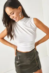 Olalook Women's White High Collar Crop Blouse