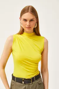 Olalook Women's Yellow High Collar Crop Blouse - Image 4