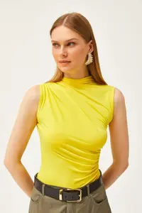 Olalook Women's Yellow High Collar Crop Blouse - Image 5