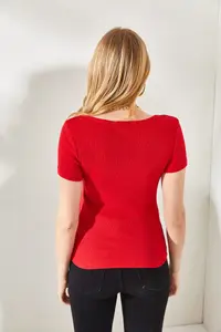 Olalook Women's Emerald Green-Red V-Neck Short Sleeve 2-Piece Set Blouse - Image 8