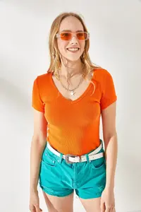 Olalook Women's Fuchsia-Orange V-Neck Short Sleeve 2-Piece Set Blouse - Image 2
