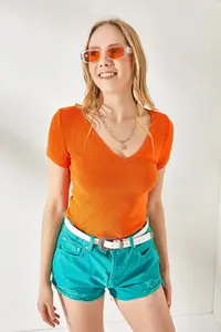 Olalook Women's Fuchsia-Orange V-Neck Short Sleeve 2-Piece Set Blouse - Image 3