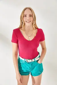 Olalook Women's Fuchsia-Orange V-Neck Short Sleeve 2-Piece Set Blouse - Image 4