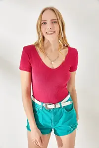 Olalook Women's Fuchsia-Orange V-Neck Short Sleeve 2-Piece Set Blouse - Image 5