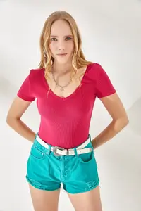 Olalook Women's Fuchsia-Orange V-Neck Short Sleeve 2-Piece Set Blouse - Image 6