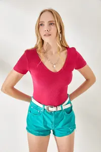 Olalook Women's Fuchsia-Orange V-Neck Short Sleeve 2-Piece Set Blouse - Image 7