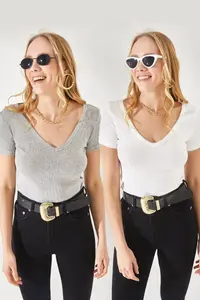 Olalook Women's Gray-Ecru V-Neck Short Sleeve 2-Piece Set Blouse
