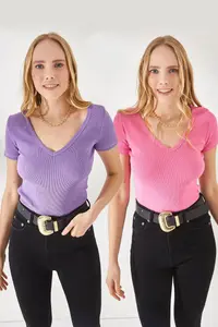 Olalook Women's Pink-Lilac V-Neck Short Sleeve 2-Piece Set Blouse