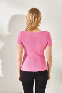 Olalook Women's Pink-Lilac V-Neck Short Sleeve 2-Piece Set Blouse - Image 7