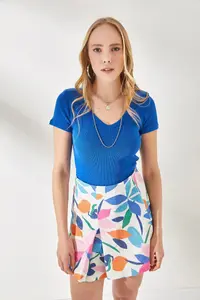 Olalook Women's Saks Blue Green V-Neck Short Sleeve 2-Piece Set Blouse - Image 2