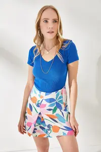 Olalook Women's Saks Blue Green V-Neck Short Sleeve 2-Piece Set Blouse - Image 3