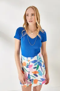 Olalook Women's Saks Blue Green V-Neck Short Sleeve 2-Piece Set Blouse - Image 4