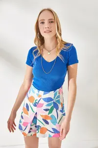 Olalook Women's Saks Blue Green V-Neck Short Sleeve 2-Piece Set Blouse - Image 5