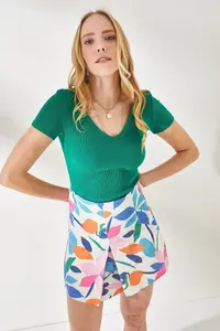 Olalook Women's Saks Blue Green V-Neck Short Sleeve 2-Piece Set Blouse - Image 6