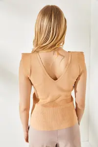 Olalook Women's Beige Shoulder and Skirt Detailed Front Back V Knitwear Blouse - Image 6