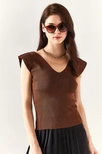 Olalook Women's Bitter Brown Shoulder and Skirt Detailed Front Back V Knitwear Blouse - Image 2