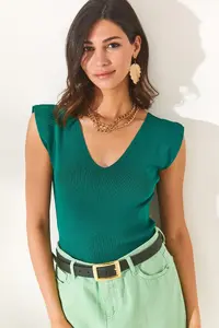 Olalook Women's Emerald Green Shoulder and Skirt Detailed Front Back V Knitwear Blouse - Image 2