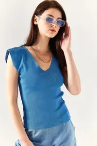 Olalook Women's Indigo Shoulder and Skirt Detailed Front Back V Knitwear Blouse - Image 3
