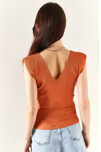 Olalook Women's Onion Peel Shoulder and Skirt Detailed Front Back V Knitwear Blouse - Image 5