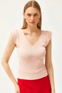 Olalook Women's Powder Shoulder and Skirt Detailed Front Back V Knitwear Blouse
