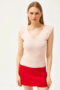 Olalook Women's Powder Shoulder and Skirt Detailed Front Back V Knitwear Blouse - Image 2