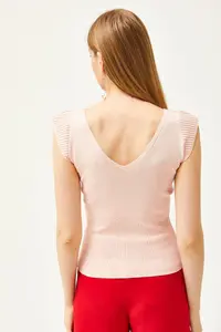 Olalook Women's Powder Shoulder and Skirt Detailed Front Back V Knitwear Blouse - Image 5
